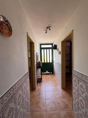 a hallway with a green door and a tile floor at Quinta dos Viegas in Faro
