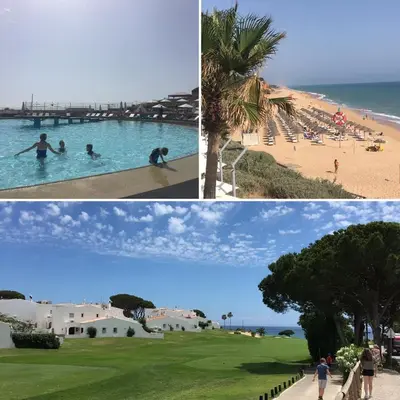 two pictures of people in a swimming pool next to a beach at Vale Do Lobo 935 in Loulé