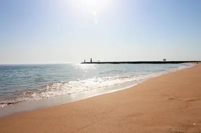 a sandy beach with a pier in the water at Vilamoura Dolphin Studio in Vilamoura