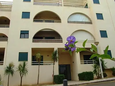 a building with a purple flower in front of it at Apartment Salgados T1 in Guia