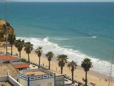 a view of a beach with palm trees and the ocean at Agua Marinha ROSA- Hotel in Albufeira