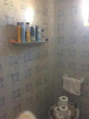 a bathroom with a toilet with blue and white tiles at Maria Guest house in Albufeira