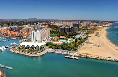 an aerial view of a resort and a beach at Romantic Studio By Ethnic Ocean in Vilamoura