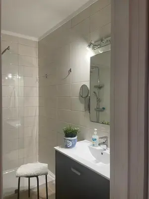 a bathroom with a sink and a mirror and a shower at Bayview Apartment 213 in Albufeira