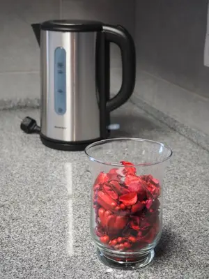 a glass bowl of strawberries on a counter next to a appliance at Apartamento Yacintos in Albufeira