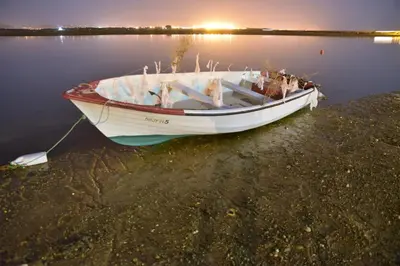 a boat sitting on the shore of a lake at Faro Beach House in Faro