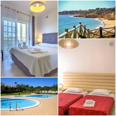 a collage of pictures of a hotel with a bed and a pool at Olhos de Água Apartment Albufeira II in Albufeira