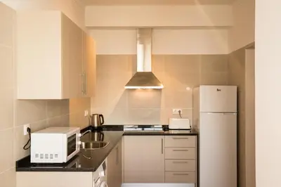 a kitchen with a white refrigerator and a microwave at 1977 in Faro