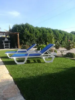 two blue and white lounge chairs on the grass at Quinta Das Palmeiras in Quarteira