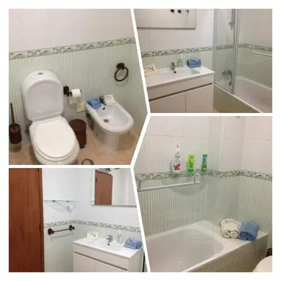 a collage of four pictures of a bathroom at Apartamento Lara in Albufeira