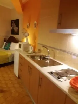 a kitchen with a sink and a bed in a room at Guest House Pacifica in Quarteira