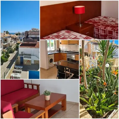 a collage of photos of a kitchen and living room at Apartamentos Cabrita in Albufeira