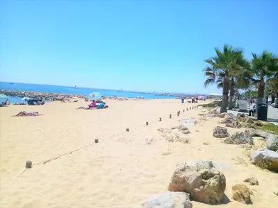 a sandy beach with palm trees and the ocean at Dunas 3- Elegante, 150mt Praia, Wifi in Quarteira