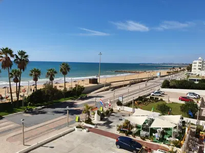 a view of a beach with palm trees and the ocean at T1 Praiamar 3 Vista Fabulosa in Quarteira