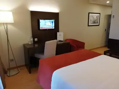a hotel room with a bed and a desk and a television at Hotel Monaco in Faro