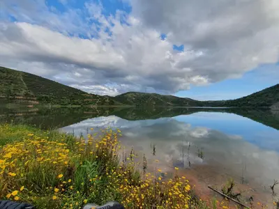 a body of water with a cloudy sky and flowers at Quinta Pedra Dos Bicos in Albufeira