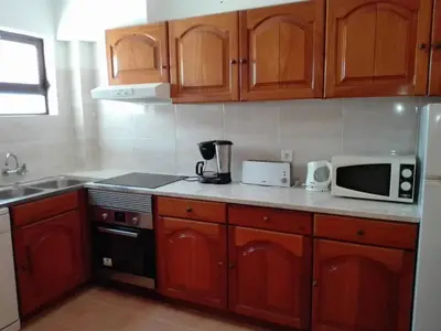 a kitchen with wooden cabinets and a sink and a microwave at Apartamentos da Balaia in Albufeira
