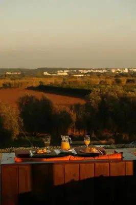 a table with two plates of food and glasses of wine at Quinta Do Mel in Albufeira