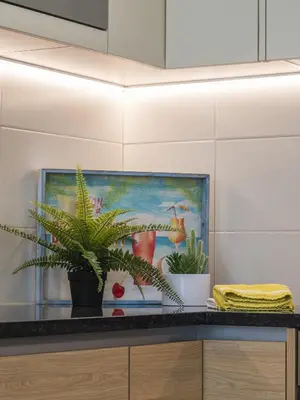 a painting on the wall with plants on a counter at Casa Mar d'Alma - 100m from the Beach in Albufeira