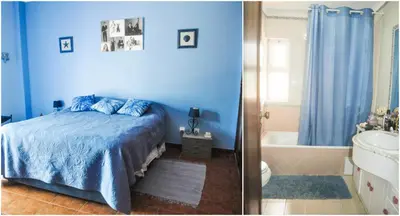 two bunk beds in a room with a blue wall at Beach House in Vilamoura: Terrace+pool in Vilamoura