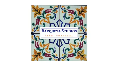 a label for barcelona studio porcelain with a pattern at Terrace Barqueta Studio in Faro
