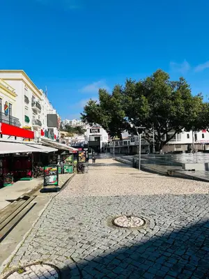 a cobblestone street in a city with a tree and buildings at Apartment old town MFA in Albufeira