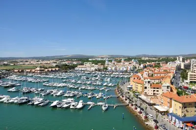 an aerial view of a harbor with boats in the water at Welcoming apartment in Albufeira 80 m² with shared pool in Albufeira