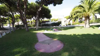 a park with palm trees and a path in the grass at Casa Boneca - Aldeia das Açoteias in Albufeira