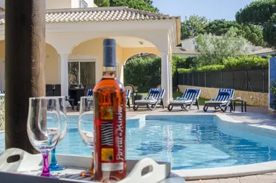 a backyard with a hot tub and chairs and flowers at Villa Hera in Vilamoura