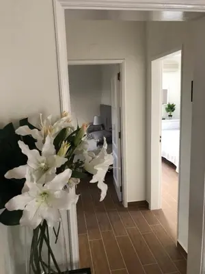 a vase filled with white flowers in a room at Vilamoura 2 bed new apartment in Vilamoura