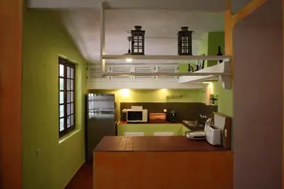 a kitchen with green walls and a kitchen with a refrigerator at Vila 67 in Albufeira