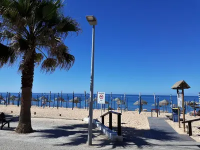 a beach with a palm tree and a street light at ABMAR- Por-do-sol, Vista mar, Remodelado, Wifi, 80mt Praia in Quarteira
