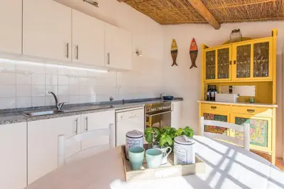 a kitchen with white cabinets and a table with plants at Villa Rita in Silves