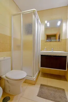 a bathroom with a shower and a toilet and a sink at Stunning Villa with Pool in Albufeira