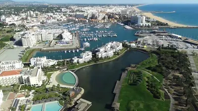an aerial view of a city with a marina at Apartment in Vilamoura (Marina) in Vilamoura