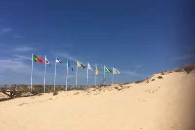 a row of flags on the beach in the sand at Victory Village Sea Views in Quinta do Lago