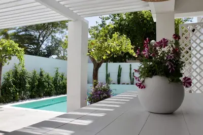 a white patio with a pool and flowers at Algarve Beach House with Heated Pool and Jacuzzi in Albufeira