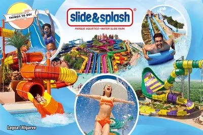 a collage of slides and splash at a water park at #005 Foxy B by Home Holidays in Albufeira