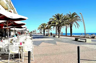 a row of tables and chairs on a beach with palm trees at Quarteira Beach Holidays in Quarteira
