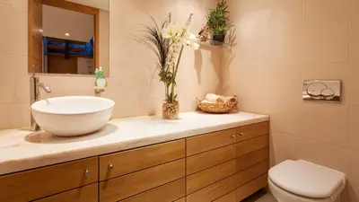 a bathroom with a bowl sink and a toilet at Emily in Vale do Lobo