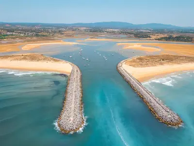 an aerial view of two islands in the ocean at Apartment Mykonos by Algarve Vacation in Albufeira