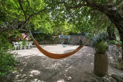 a hammock hanging from a tree in a garden at Casa Do Forno - Quinta Amoreira in Faro