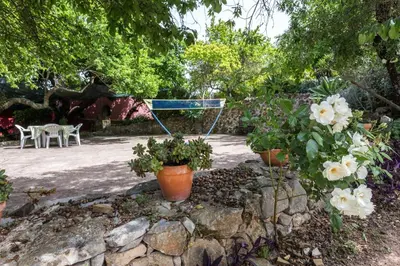 a garden with potted plants and a table and chairs at Casa Amoreira - Quinta Amoreira in Faro
