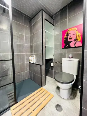 a bathroom with a toilet and a painting on the wall at Kwadalayo Art Quarters in Faro