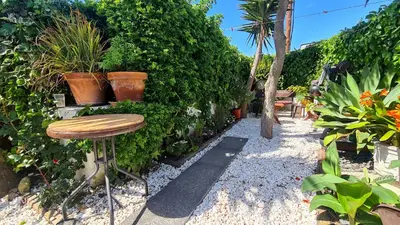 a stool sitting in front of a hedge with plants at Cozy Garden T1 near the beach in Albufeira