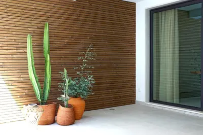 three potted plants sitting next to a wooden wall at Villa Ocean Marina, Panoramic and heatable Pool by DreamvillasAlbufeira in Albufeira