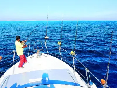 a man fishing on a boat in the ocean at V4, Villa Jardins Branqueira3 near Beach, Albufeira in Albufeira
