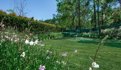 a garden with a lawn with flowers and trees at Villa Gondra - Quinta do Lago - heated pool in Almancil
