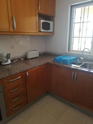 a kitchen with wooden cabinets and a sink and a microwave at Villa V2 C in Albufeira