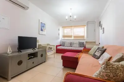 a living room with a couch and a flat screen tv at Apartamento sobre a praia in Olhos de Água